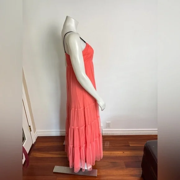Anthropologie - MAEVE - Tulle, Coral, Tiered Maxi Dress Coral. Medium. - Picture 5 of 11